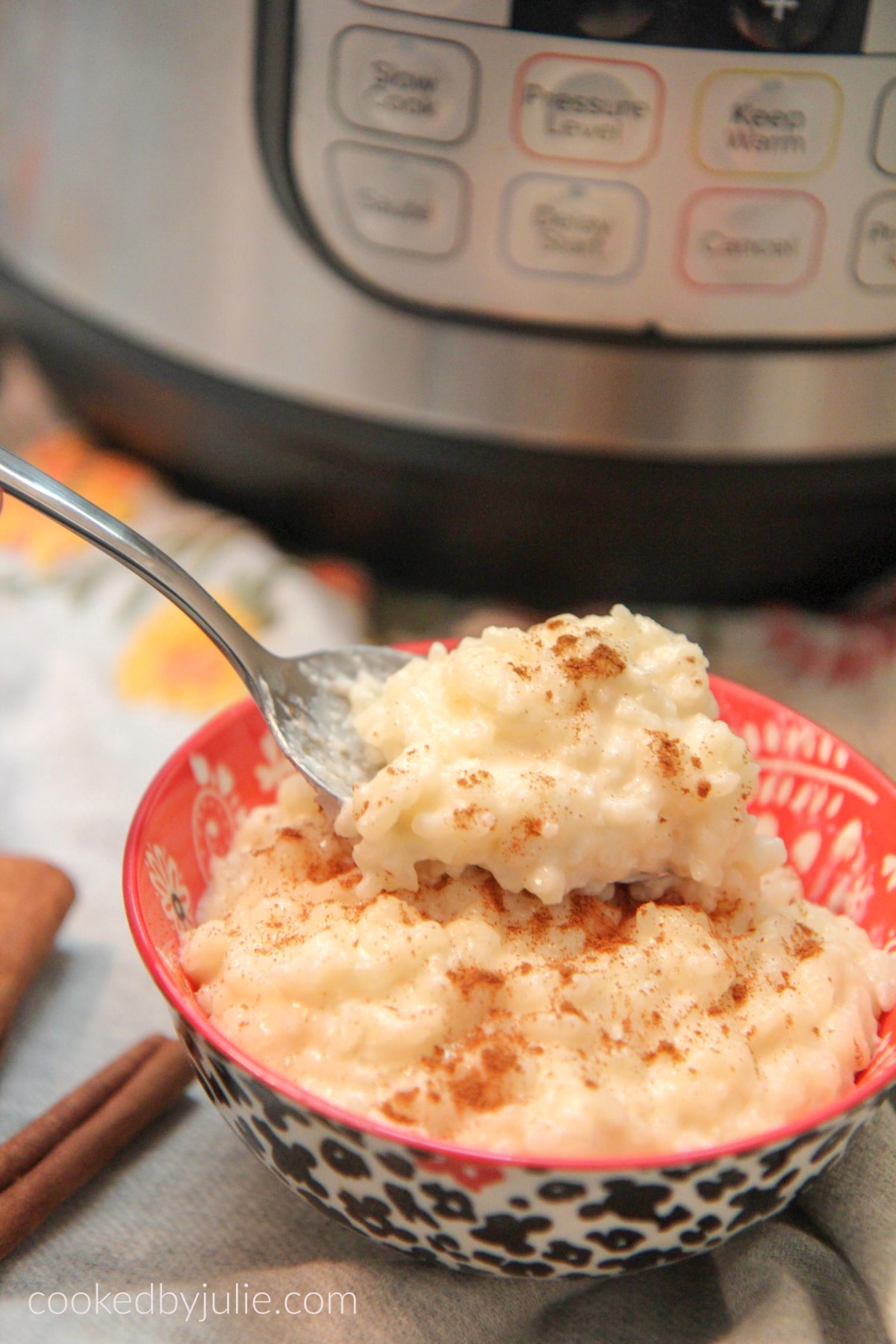 spoonful of rice pudding up close. 