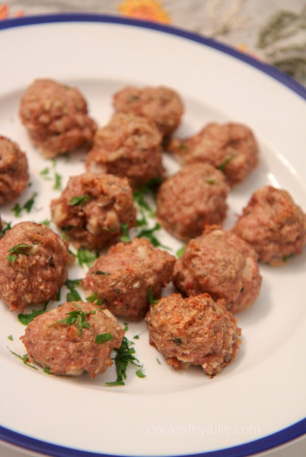 baked turkey meatballs on a white and blue plate