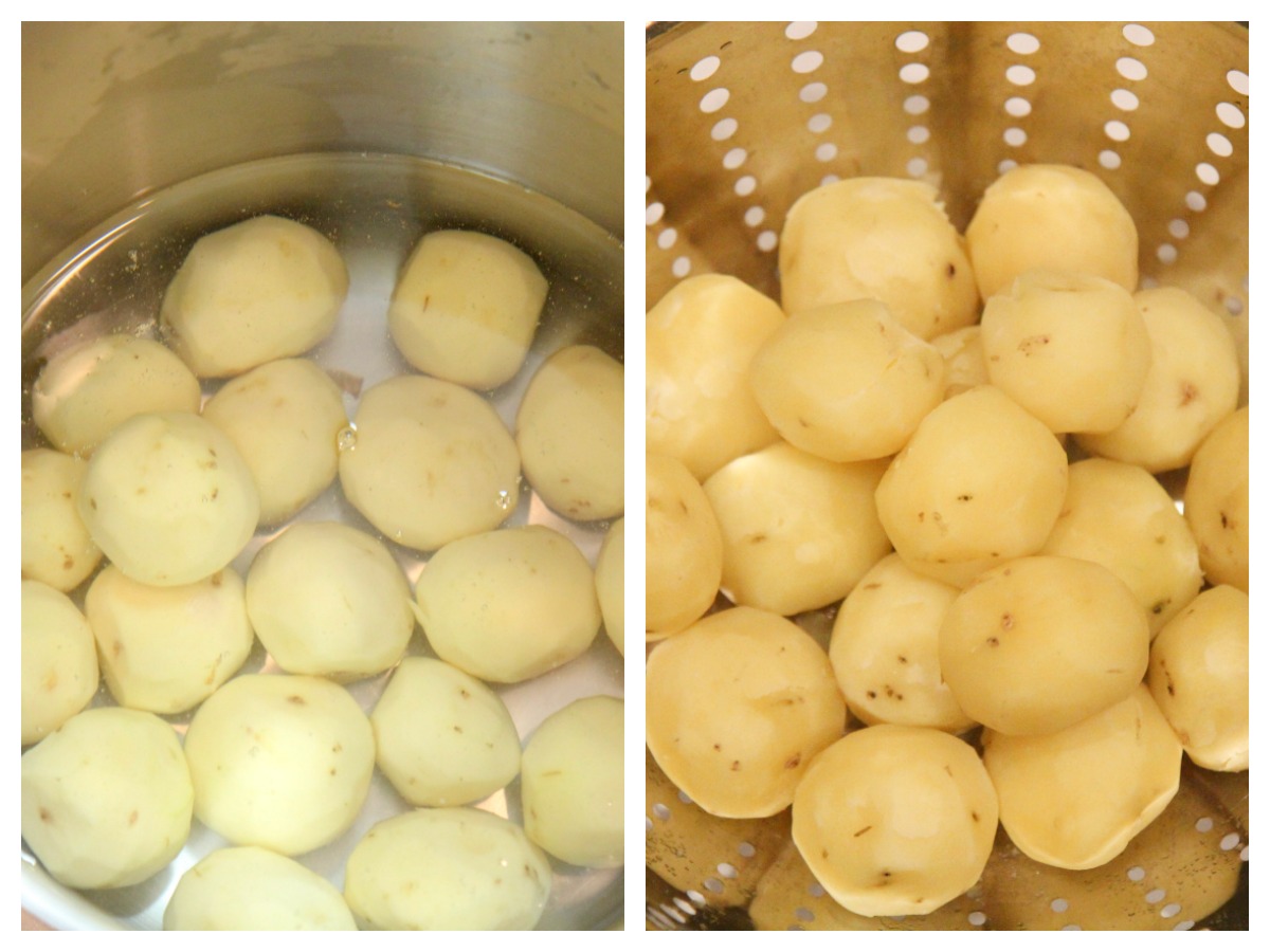 potatoes in salted water and a colander 