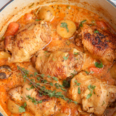 chicken stew in a dutch oven