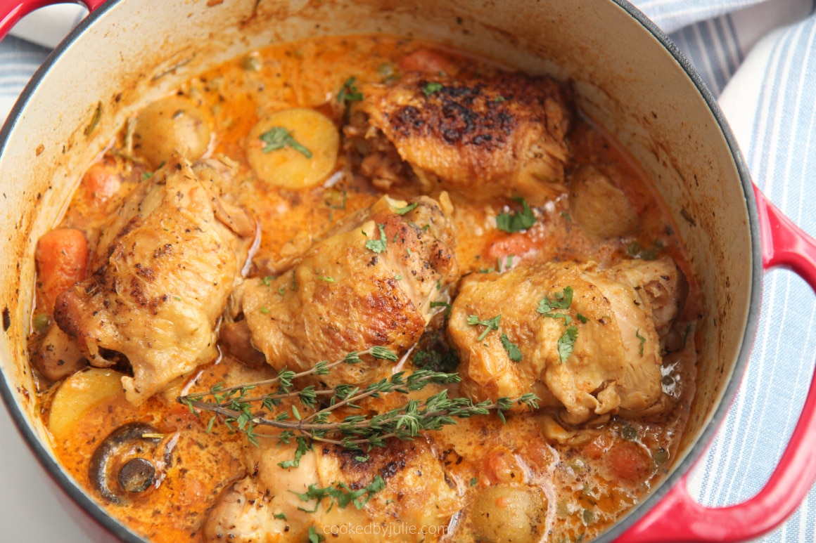 chicken stew with potatoes and carrots close up 