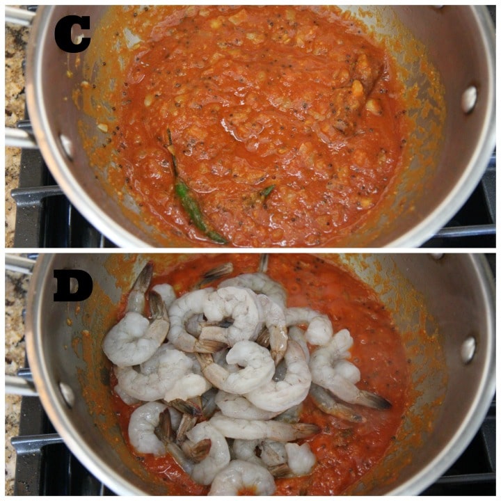 photo collage of shrimp curry cooking steps 