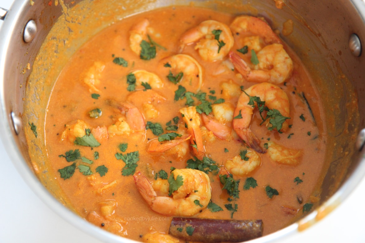 shrimp curry with cilantro in a pot 