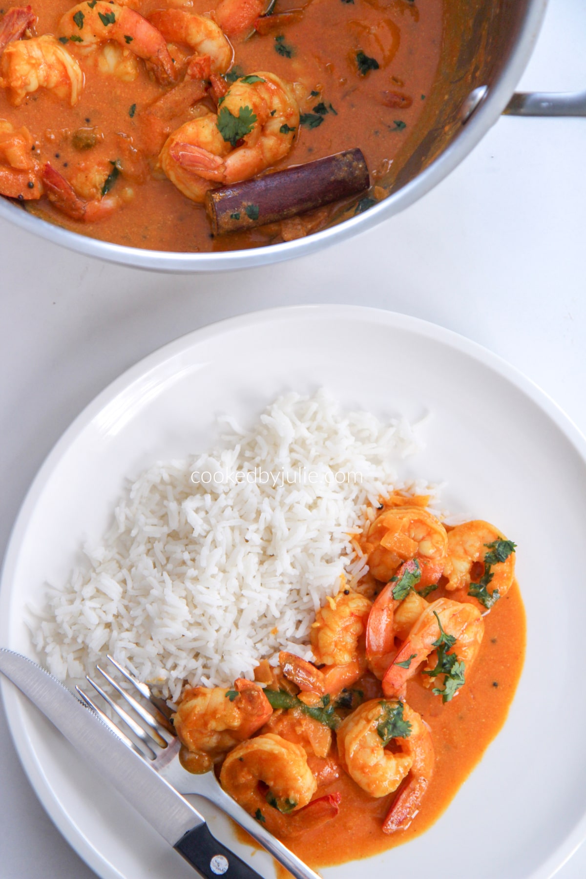 rice and coconut shrimp curry on a white plate and a pot of shrimp curry 