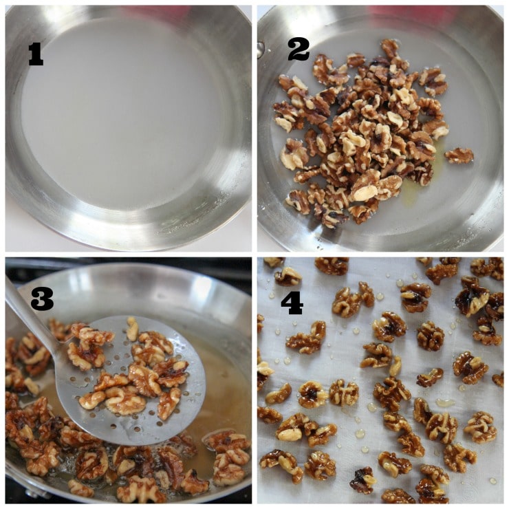 candied walnuts cooking process collage 