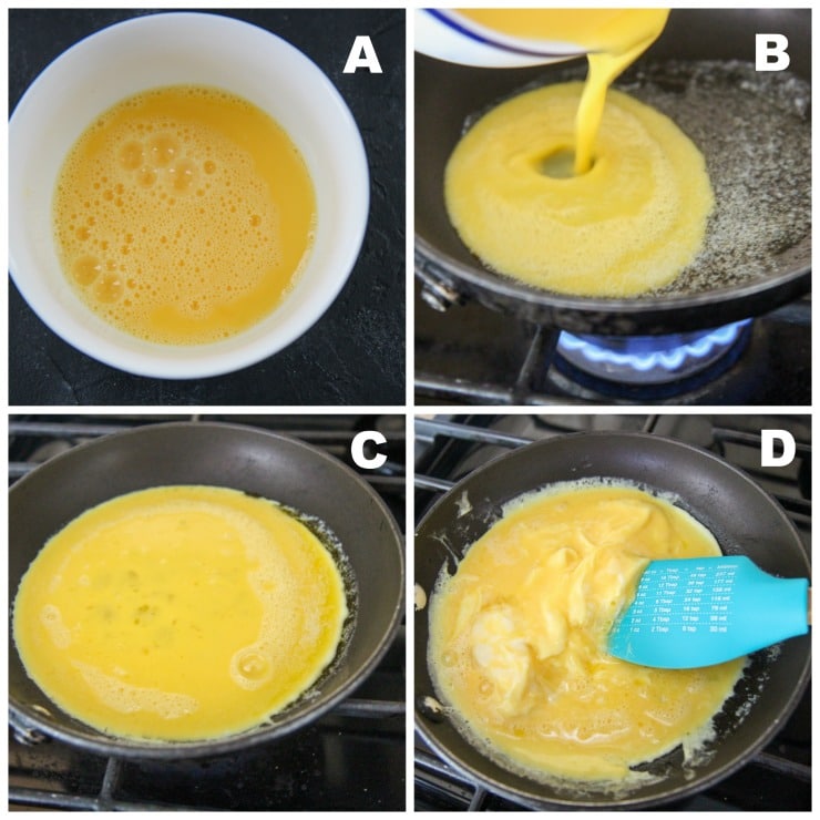 step by step photos for cooking eggs in a black skillet