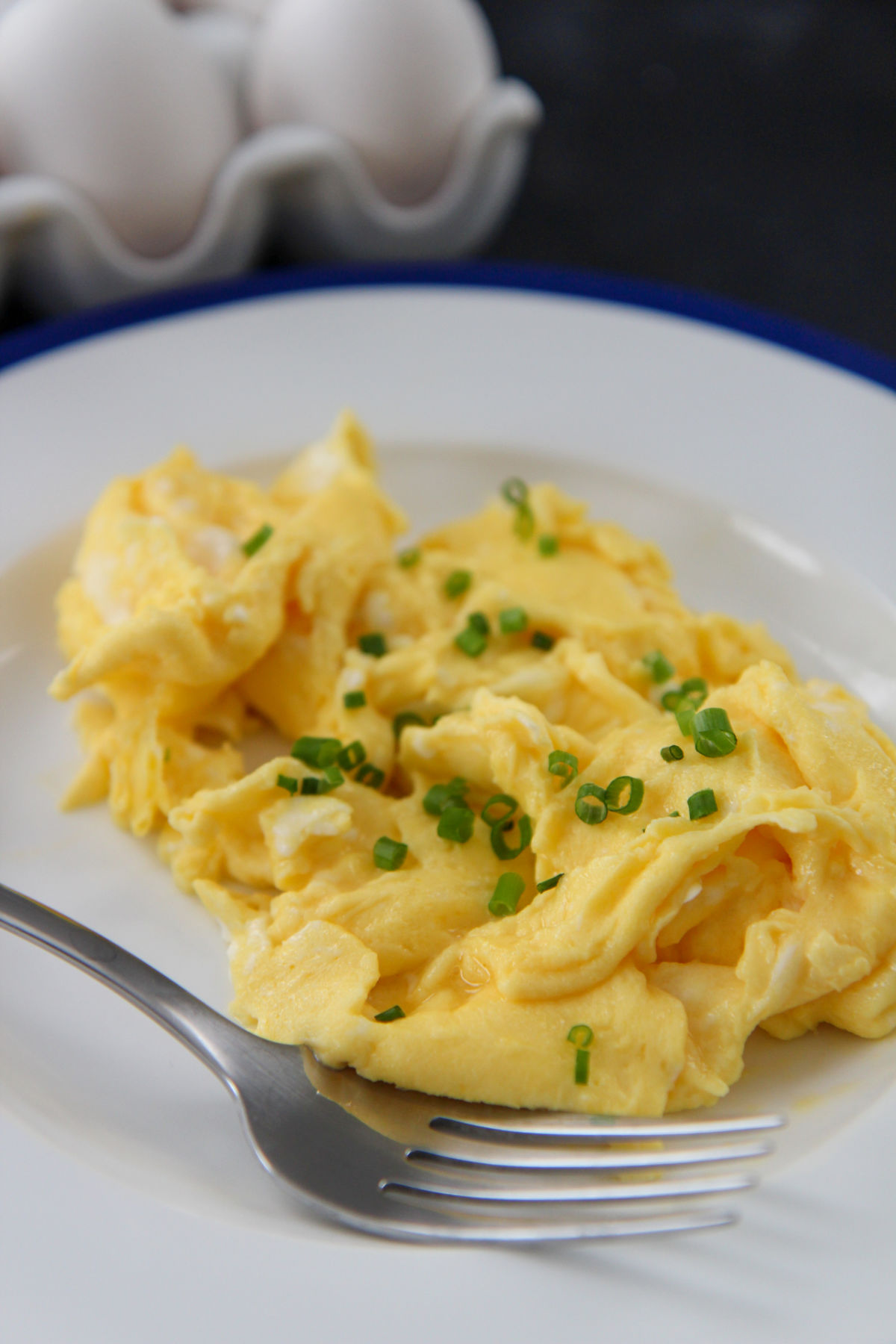 scrambled eggs with chives on a white and blue plate with a fork