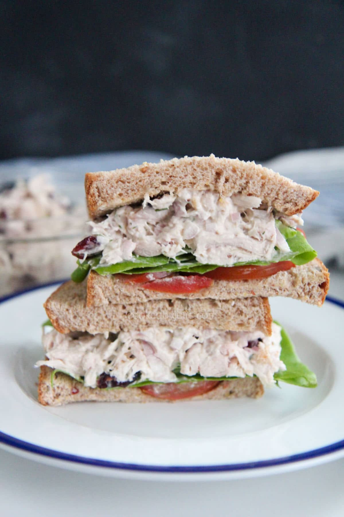 sandwiches stacked on a white and blue plate 