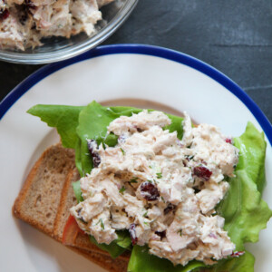 chicken salad sandwich with lettuce on a plate with a bowl of chicken salad in the background