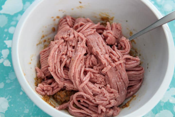 ground turkey in a white bowl with a fork 