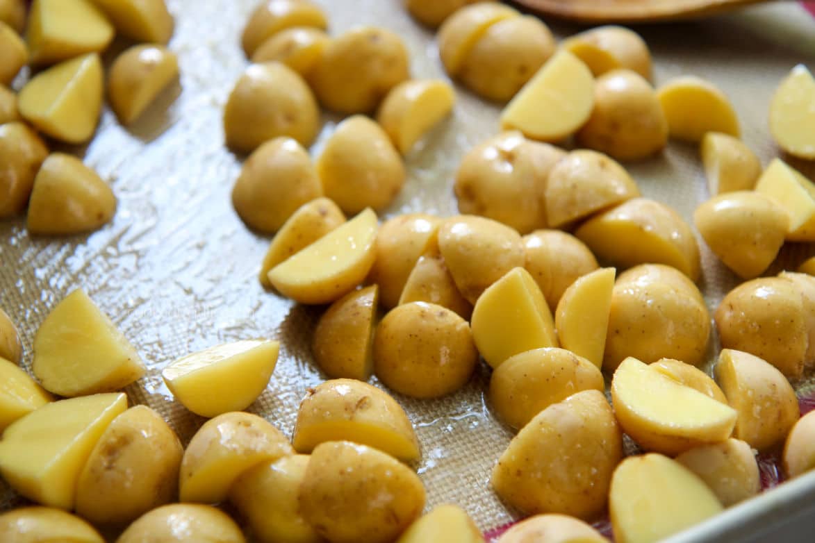 baby yellow potatoes on a baking sheet 