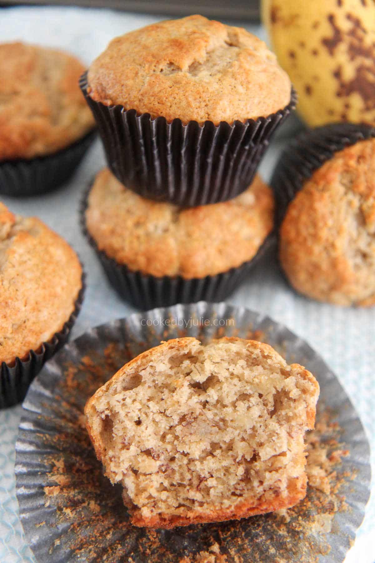 a banana muffin split open 