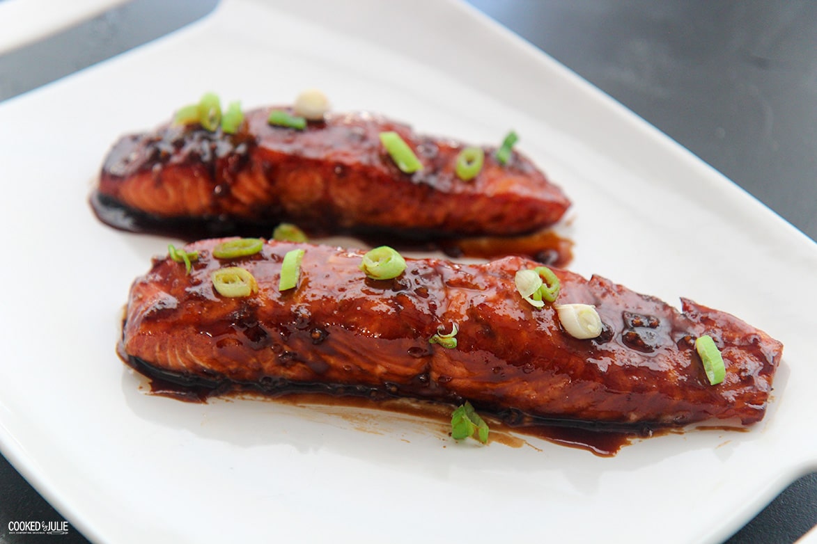 baked salmon on a white plate 