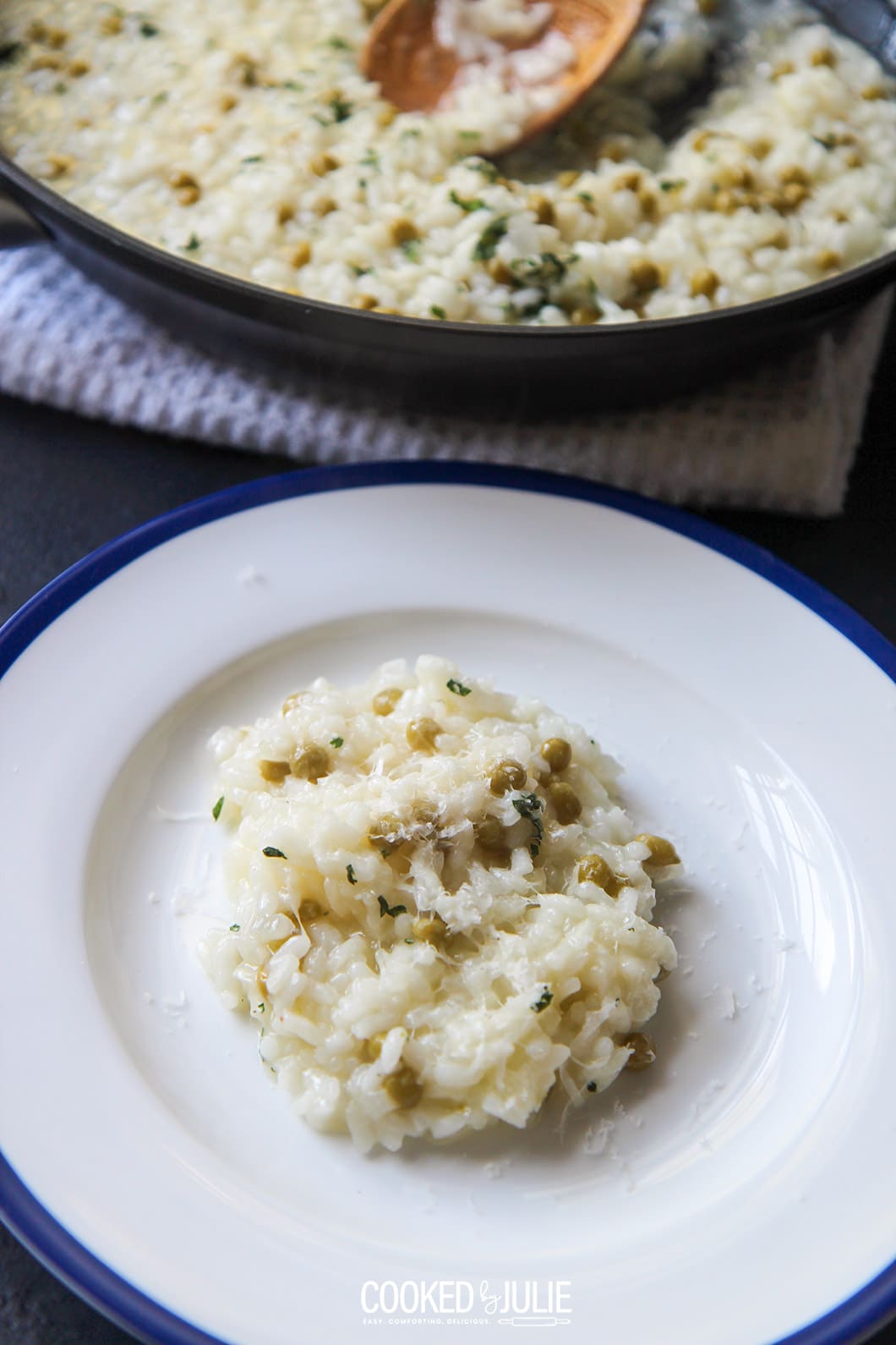 a small plate of cooked arborio ricewith a skillet in the background