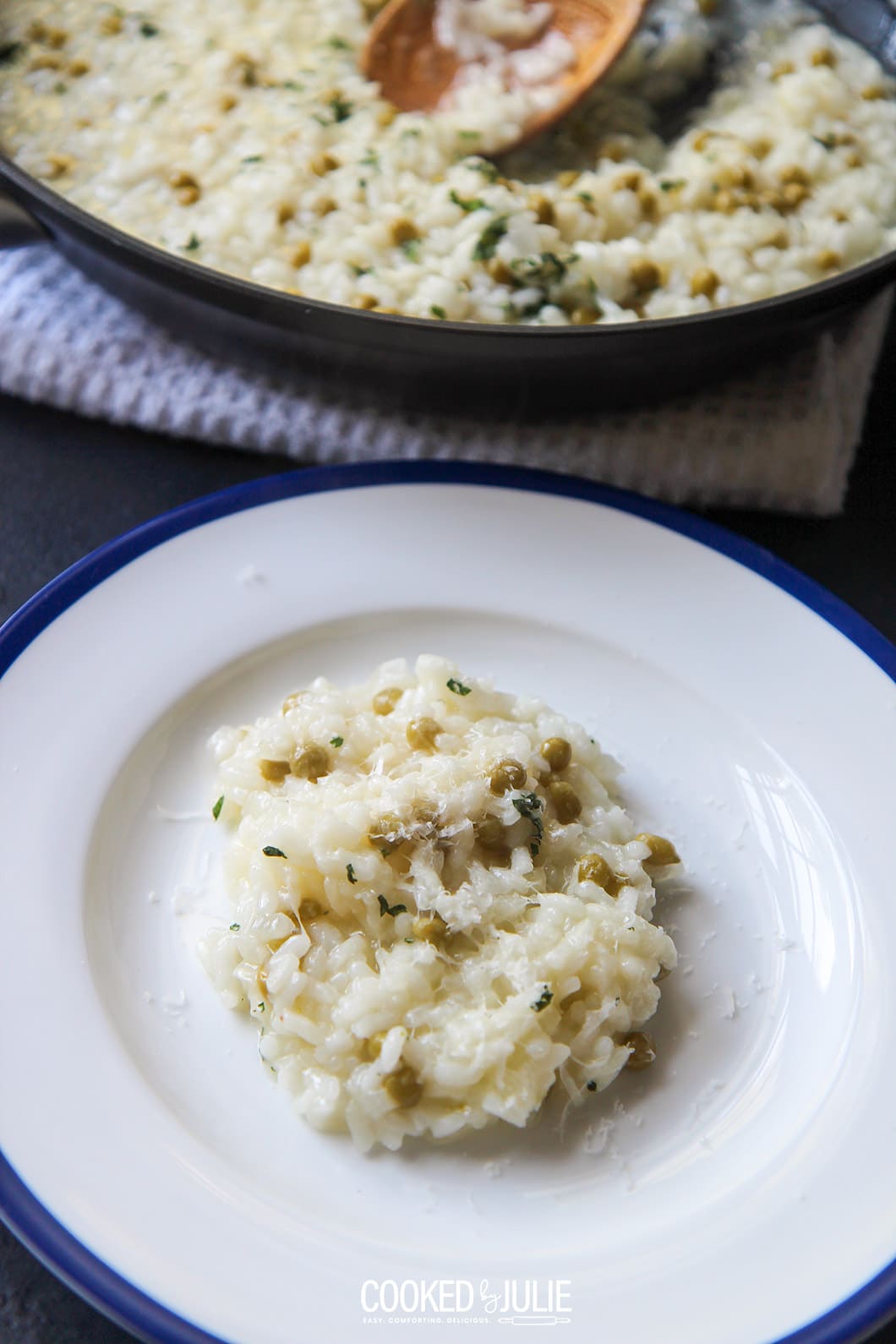 a small plate of cooked arborio ricewith a skillet in the background