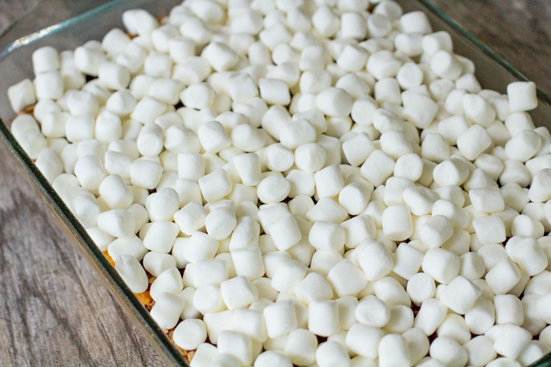 mini marshmallows in a glass baking dish