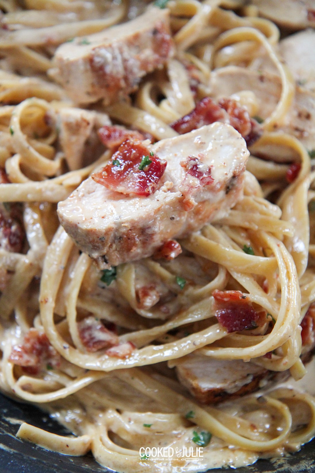 creamy chicken and bacon pasta up close 