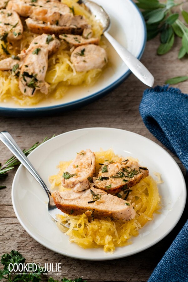 spaghetti squash and sliced chicken in a white bowl