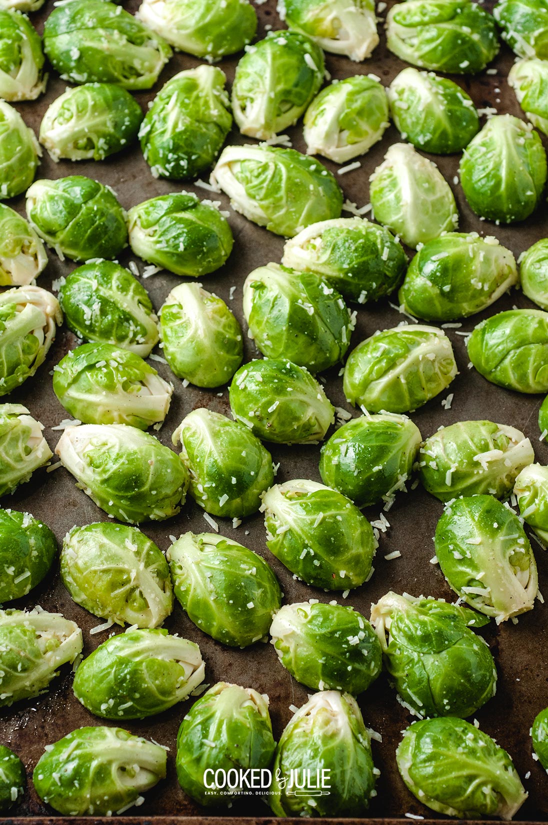 brussel sprouts on a baking sheet 