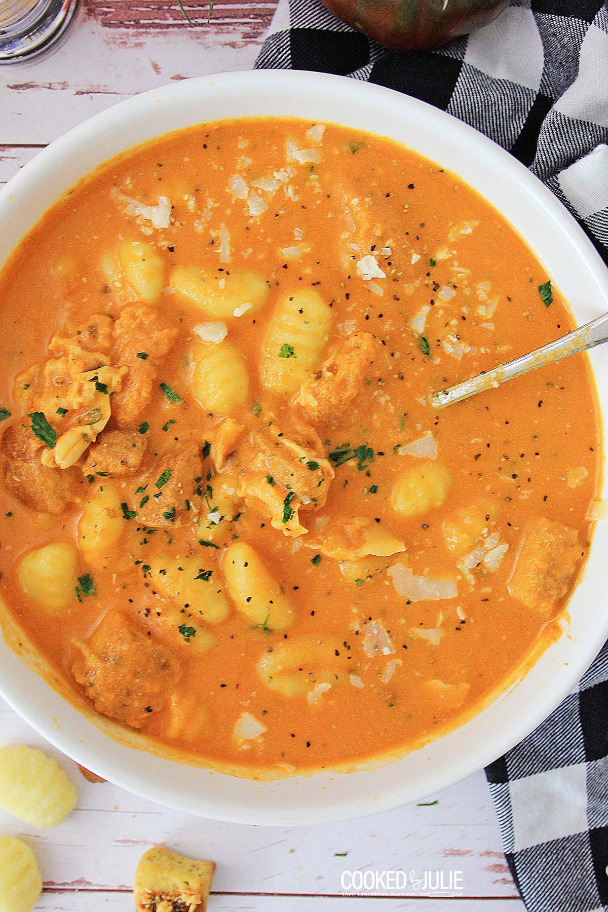 instant pot tomato gnocchi soup in a white bowl