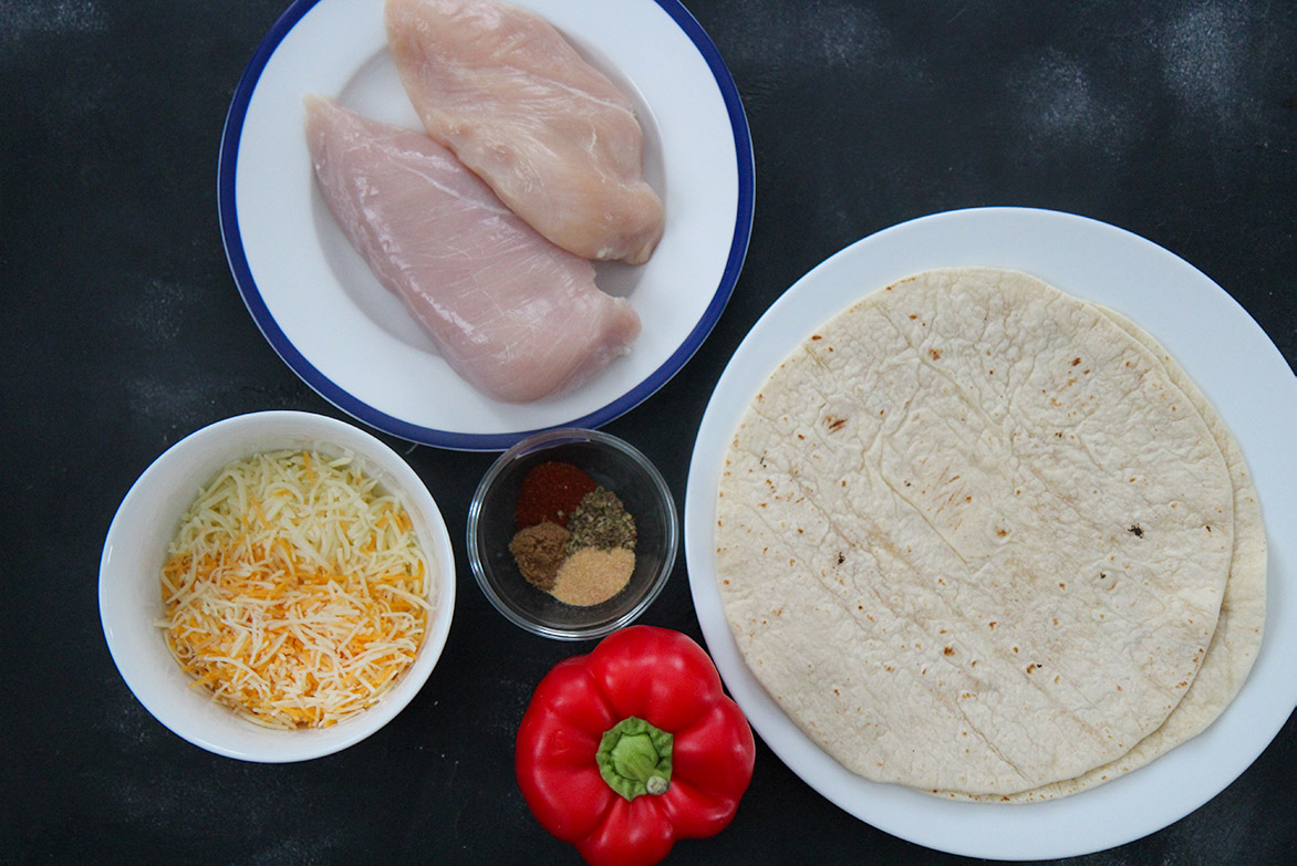 chicken, red pepper, tortillas, cheese, and spices.