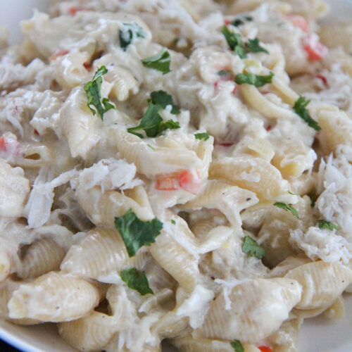 cheesy crab Alfredo pasta in a white bowl