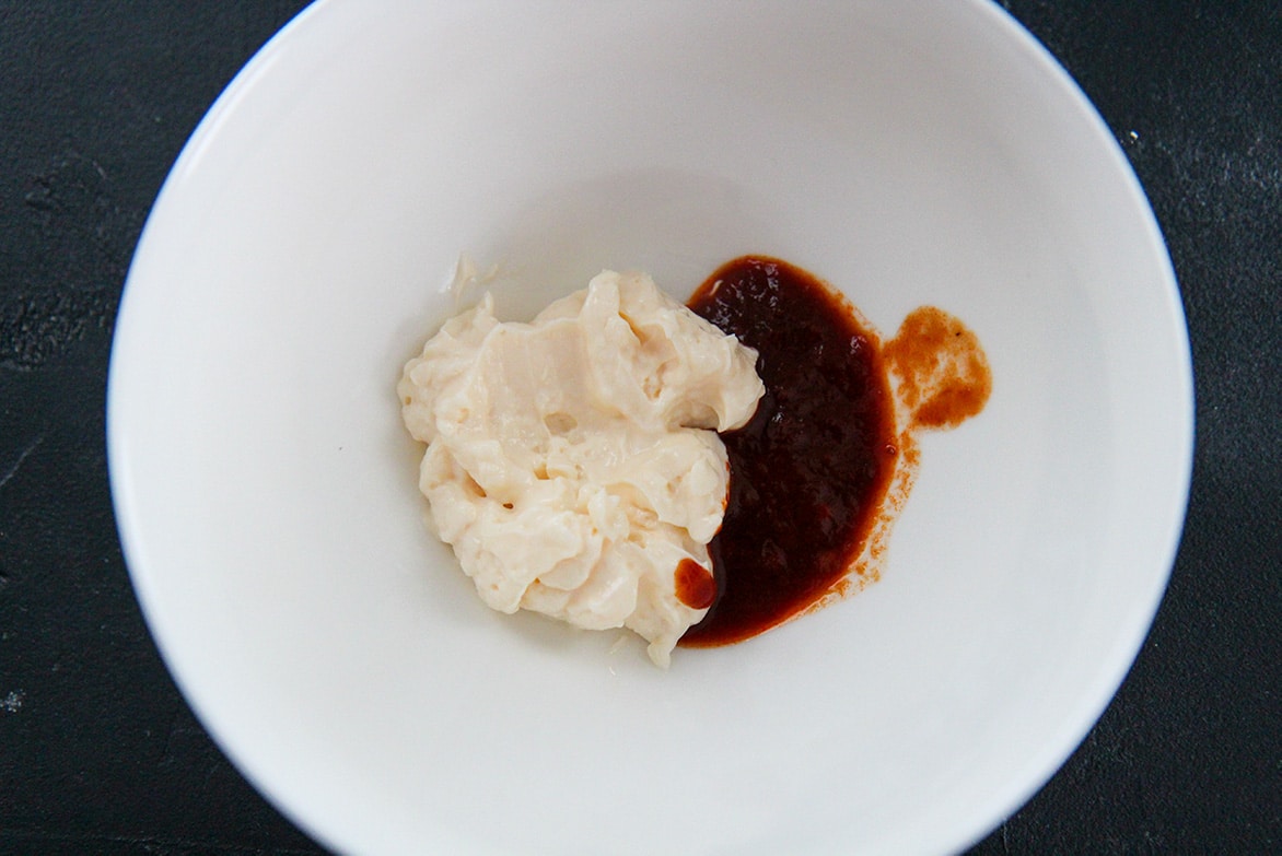 mayo and chipotle sauce in a white bowl 