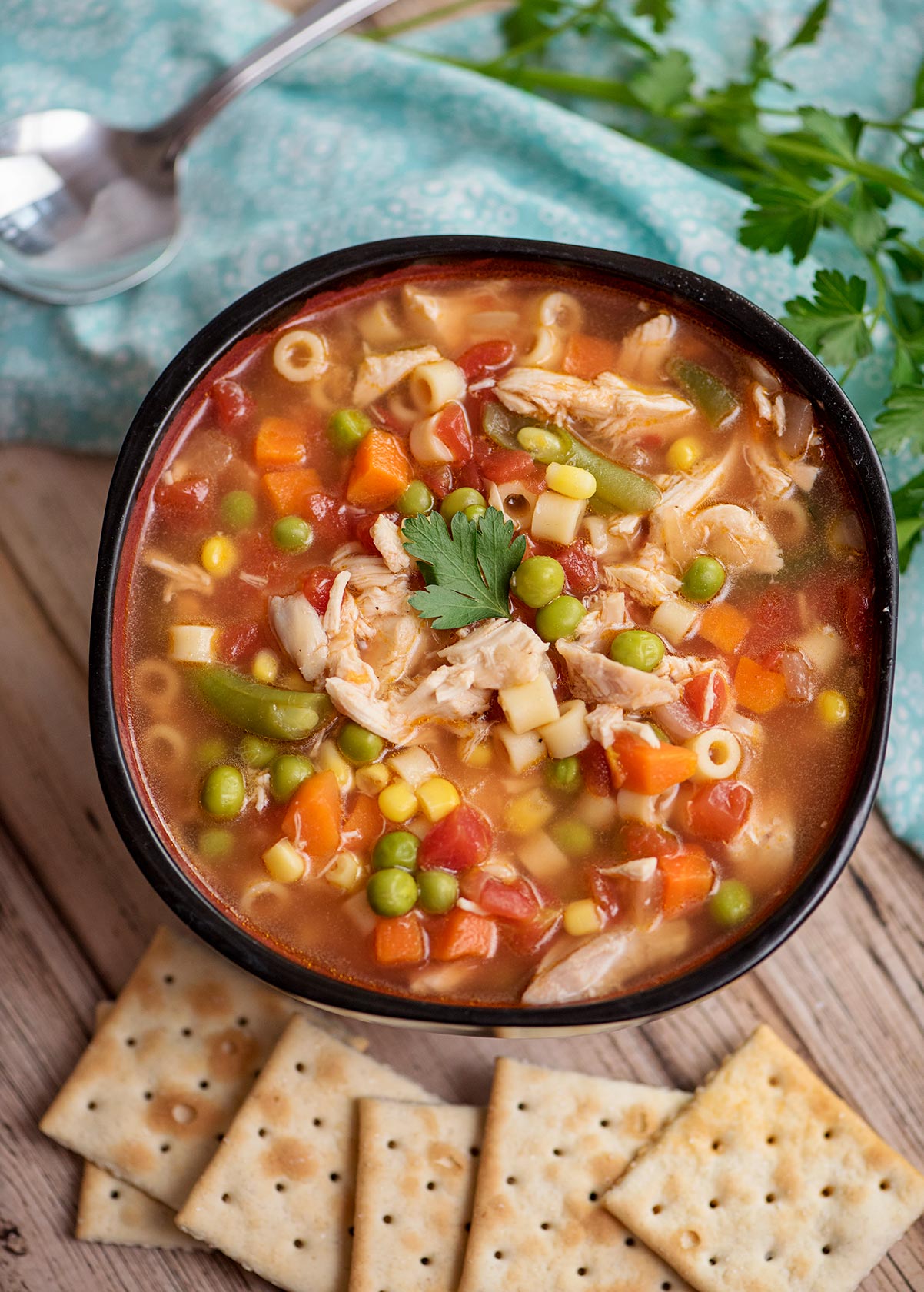 instant pot chicken vegetable soup in a bowl with saltine crackers 