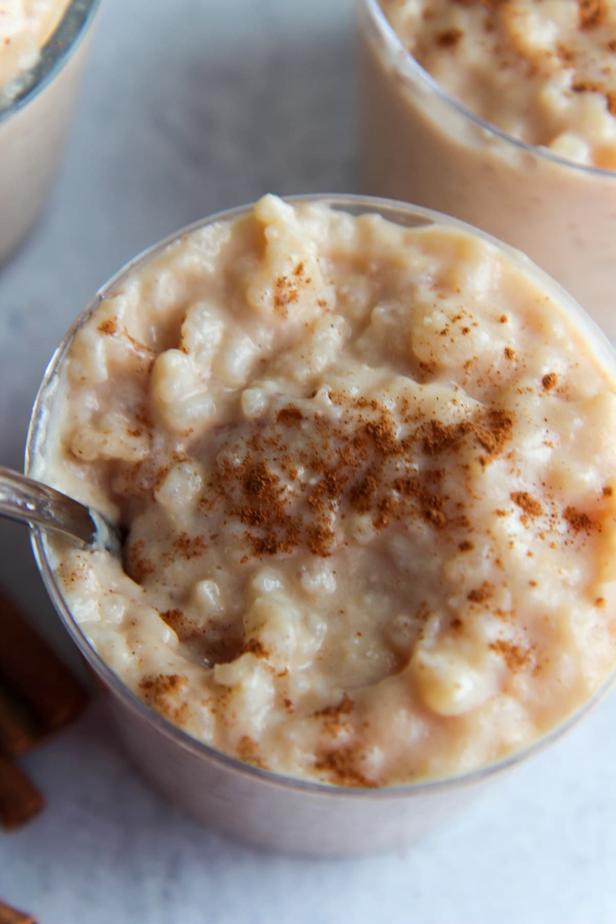 up close shot of classic rice pudding with ground cinnamon on top. 