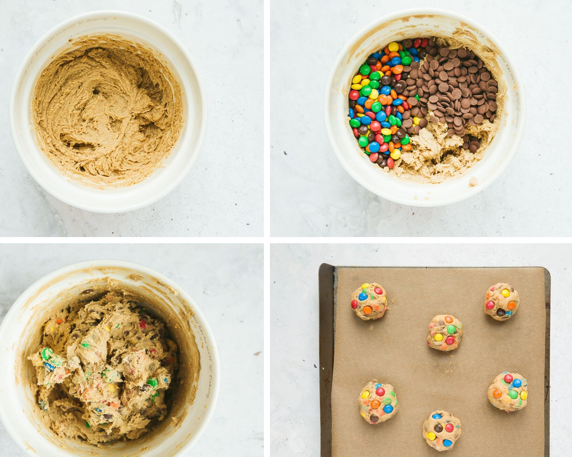 collage with four photos, cookie dough in a white bowl, dough, m&ms, and chocolate chips in a bowl, mixed dough in a bowl, and six balls of cookie dough on a baking sheet. 