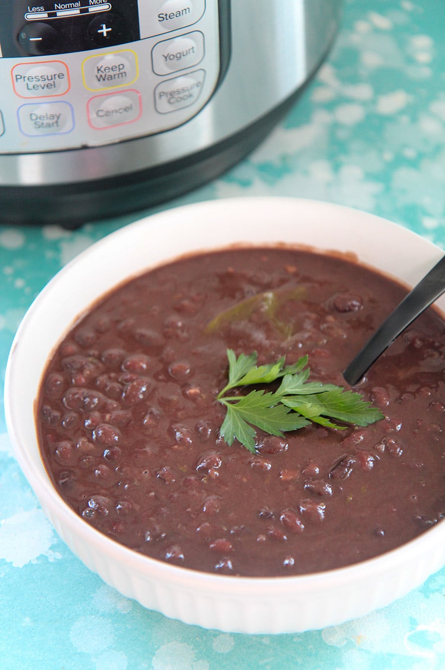 a white bowl with black beans, cilantro on top, and a spoon. An instant pot in the background. 