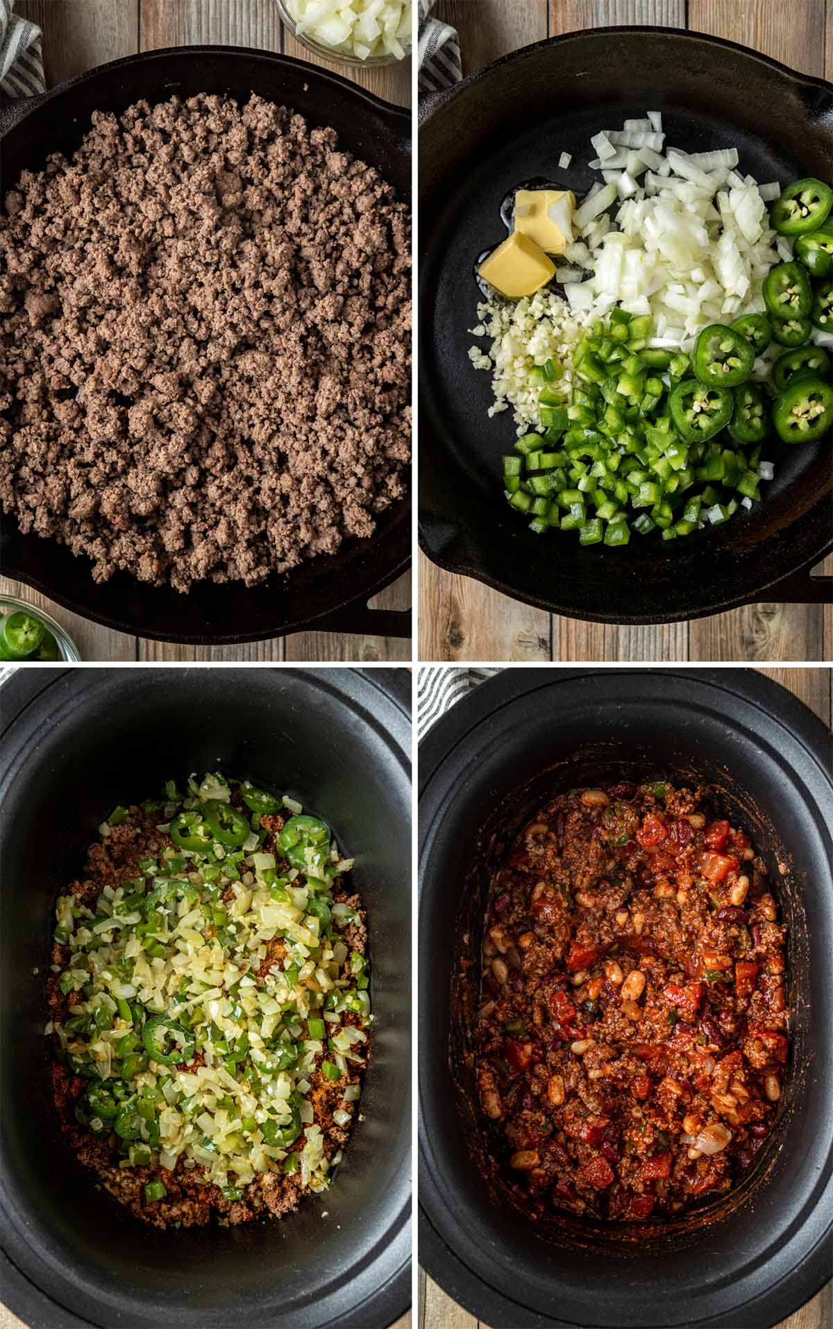collage showing how to make chili in the crockpot. 