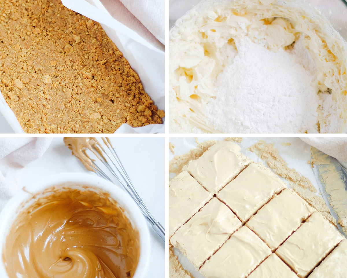 a collage with four photos. A square baking dish with parchment paper and crushed graham crackers. A bowl with powdered sugar and cream cheese. A bowl with dalgona coffee mixture. A photo of squared cheesecake slices. 