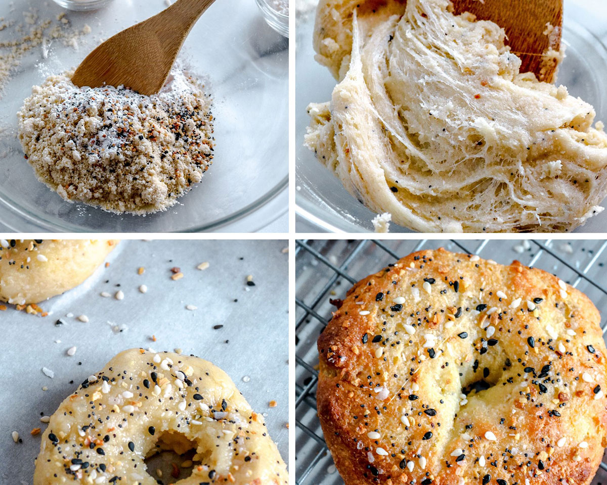 a collage with four photos, a bowl with almond flour, everything bagel seasoning, a wooden spoon and a photo with raw bagels and another photo with a baked bagel. 