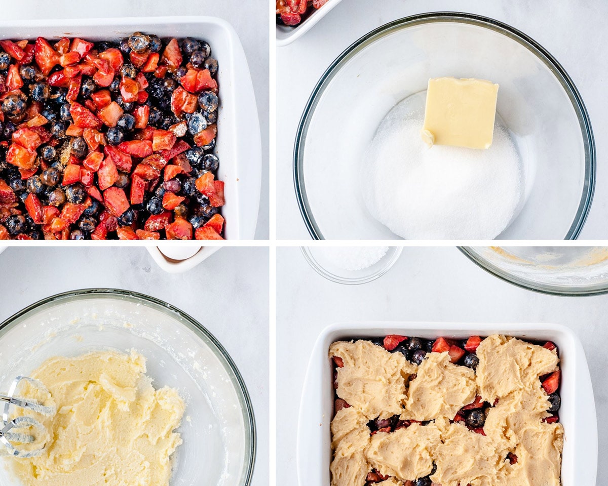 a collage with four photos. One ohoto showing berries in a baking dish, one photo showing butter and sugar in a clear bowl, a clear bowl with creamed butter and sugar, and a baking dish filled with berries and flour mixture on top. 