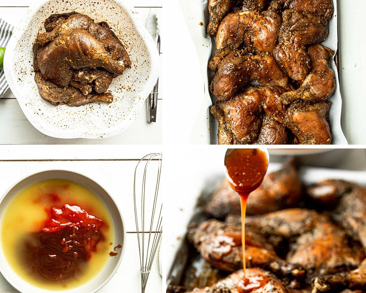 a photo collage with four photos. Seasoned chicken in a white bowl, seasoned chicken on a baking sheet, sauce ingredients in a bowl with a whisk on the side, sauce drizzling over cooked chicken.