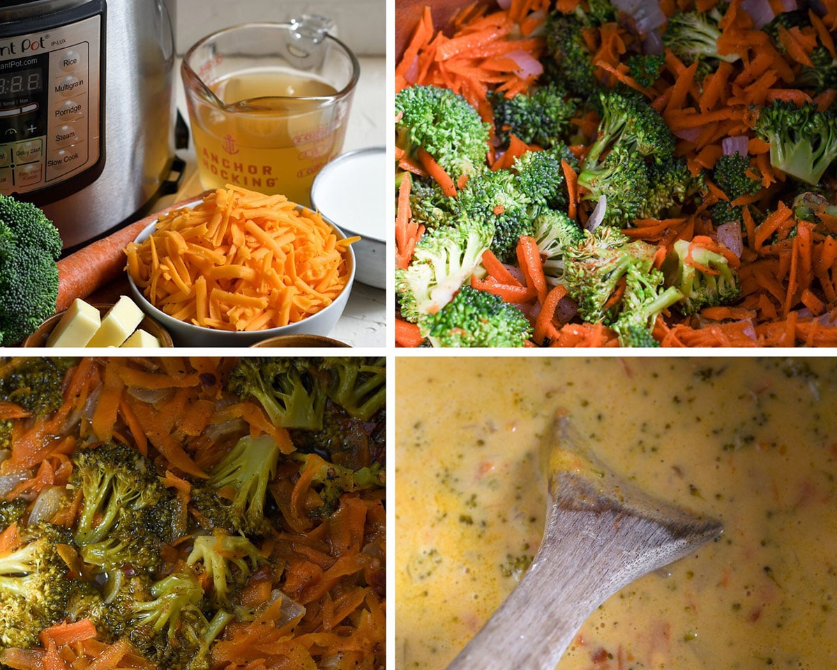 A collage with four photos. One photo showing an instant pot with ingredients on the side. Broccoli and carrots inside the pot, and broccoli cheddar soup cooking in the instant pot. 
