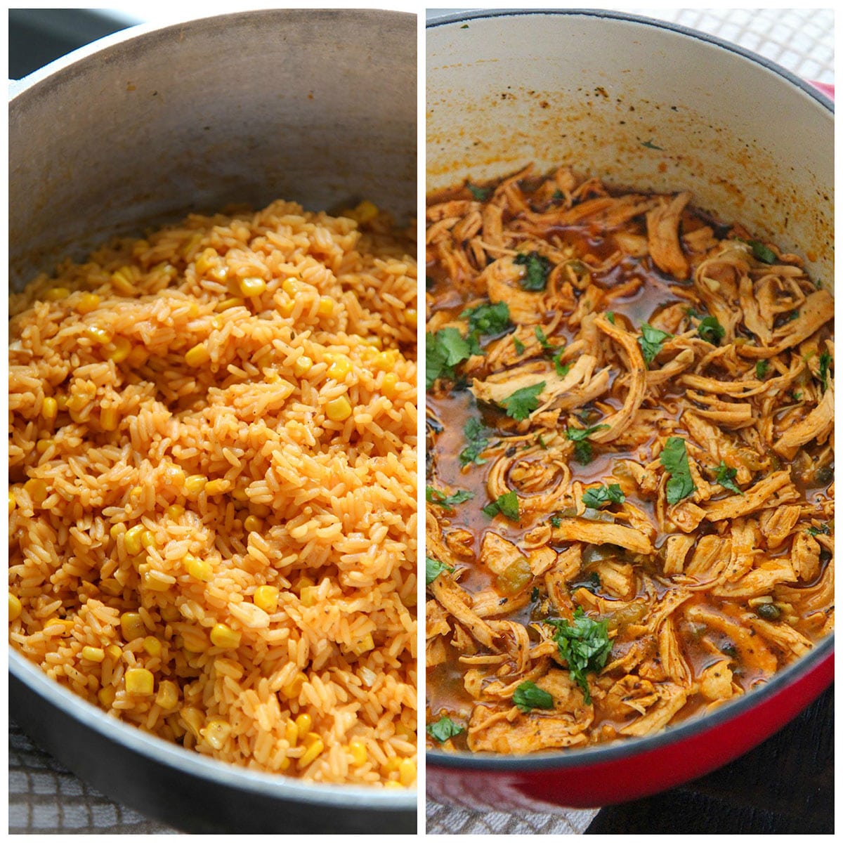 a collage with two photos showing a pot of yellow rice and a pot of shredded chicken. 