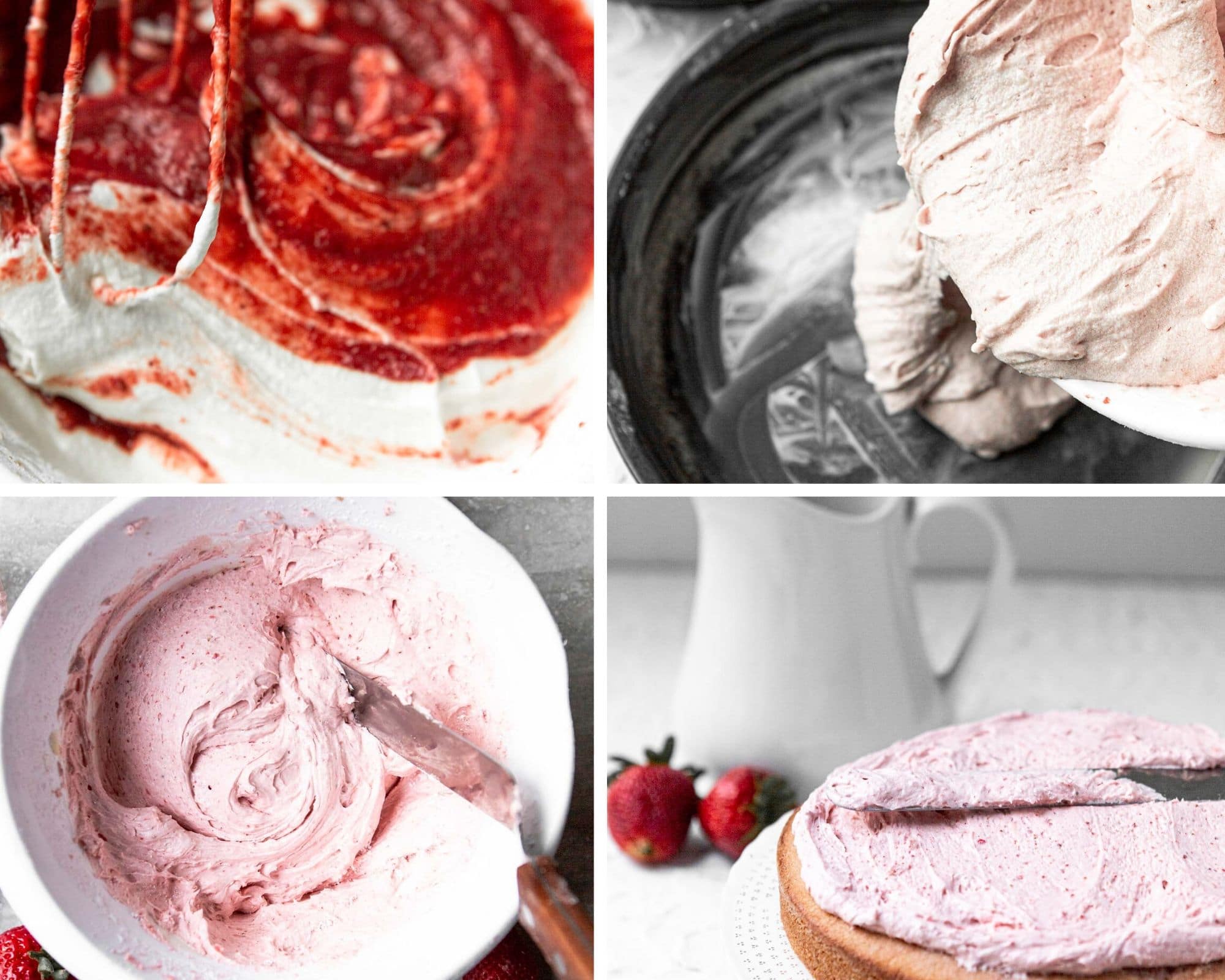 a collage with four photos, a photo showing cake batter, another photo showing cake batter being poured into a cake pan, cream cheese frosting in a bowl, a layer of cake being frosted.