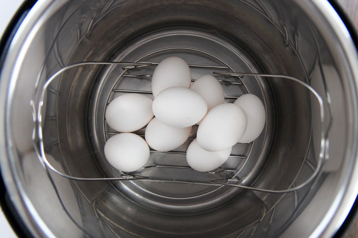 eggs inside the instant pot on top of a trivet.