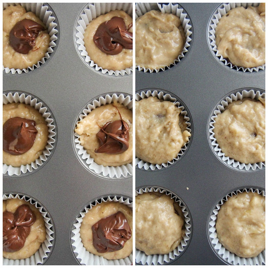 a photo collage with two photos showing muffin batter in a muffin tin 