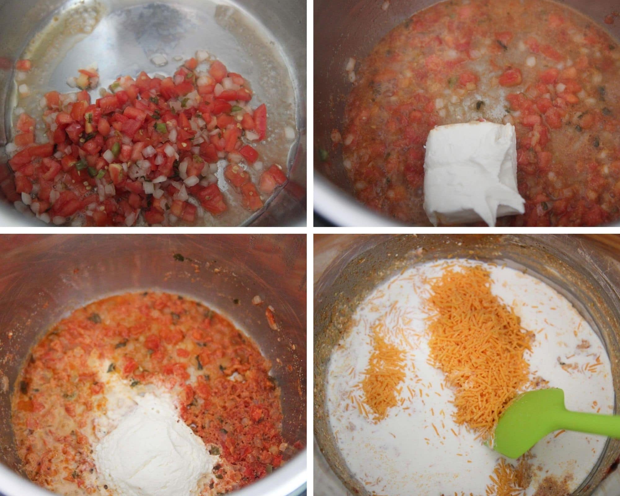 collage with four photos showing tomatoes, onions, cheese, and cream in the instant pot. 