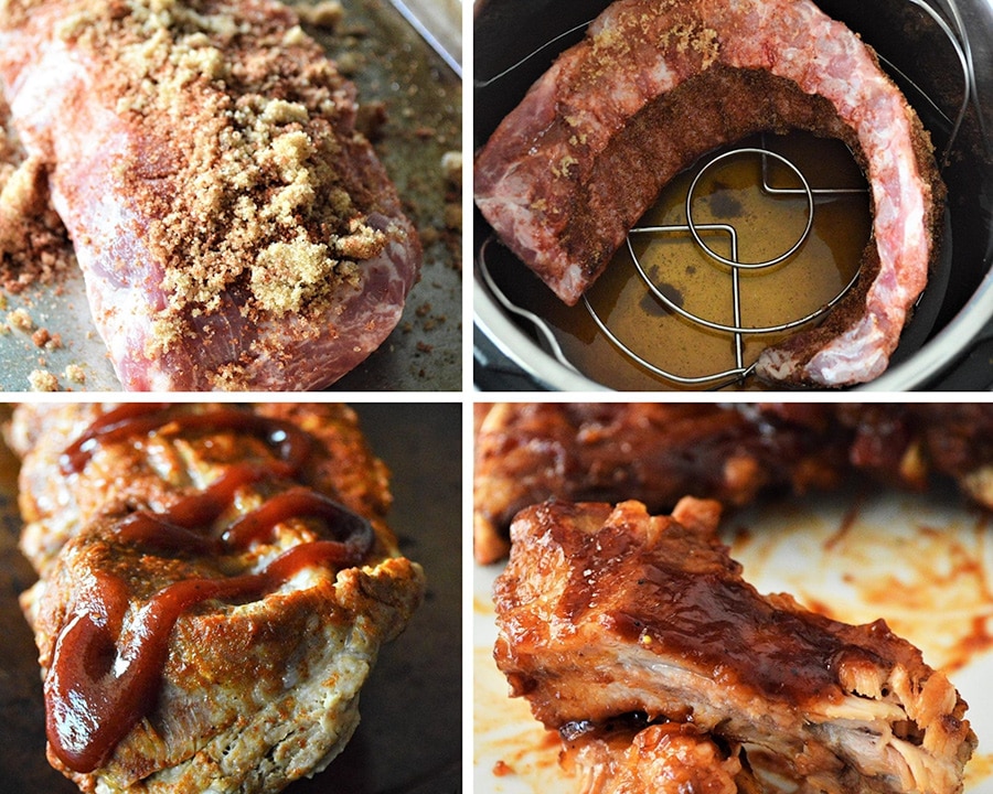 a photo collage with four photos showing the recipe process. ribs marinated and placed in the instant pot. 