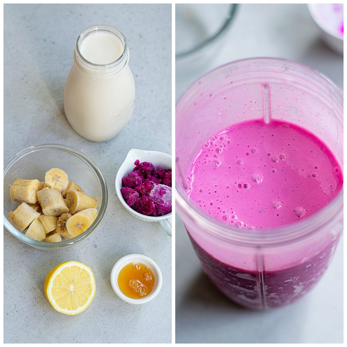 a collage with two photos, a photo showing bananas, milk, honey, lemon, and dragon fruit. The other photo showing all the ingredients blended in a blender. 