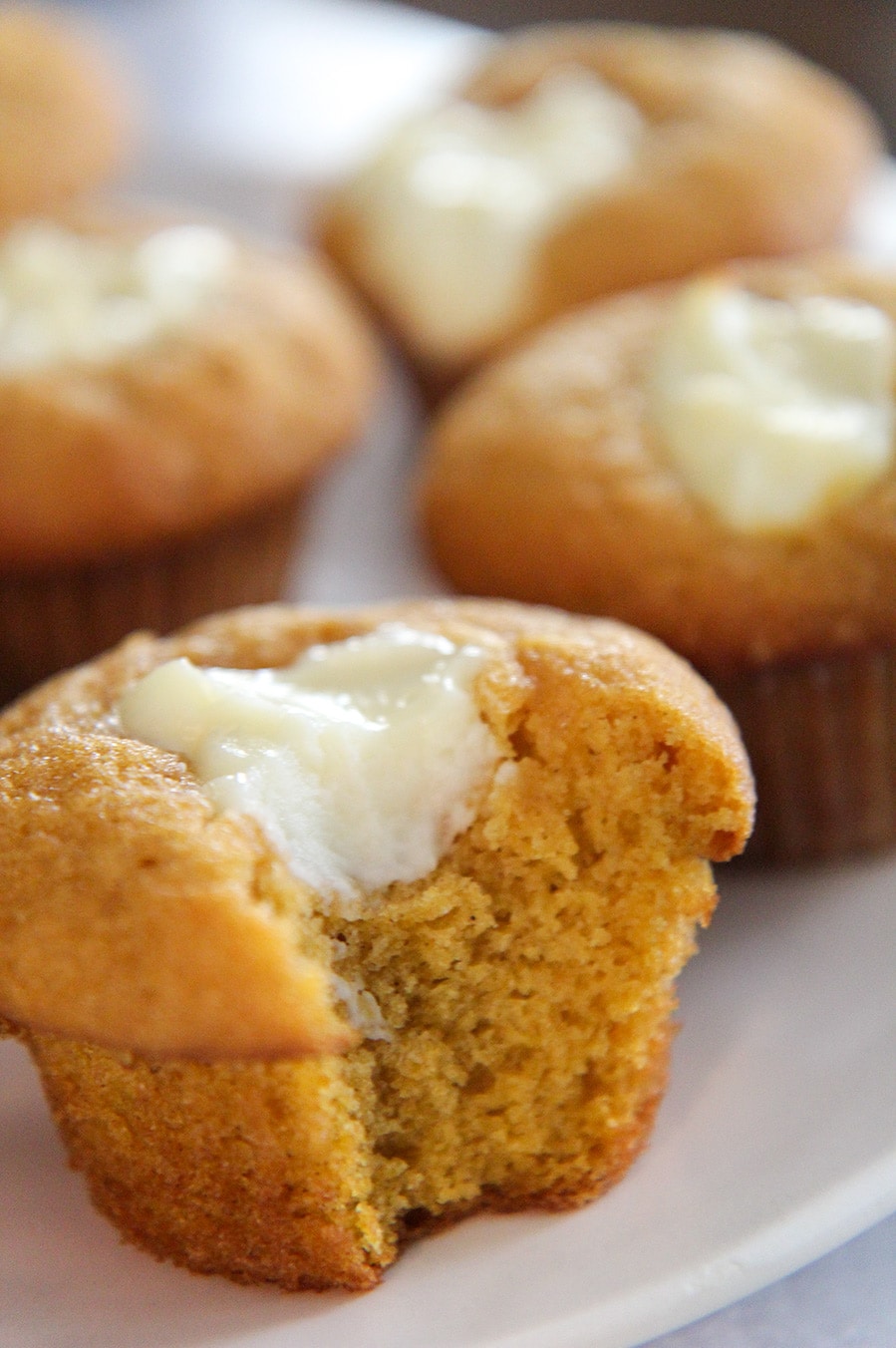 a bitten muffin up close. 