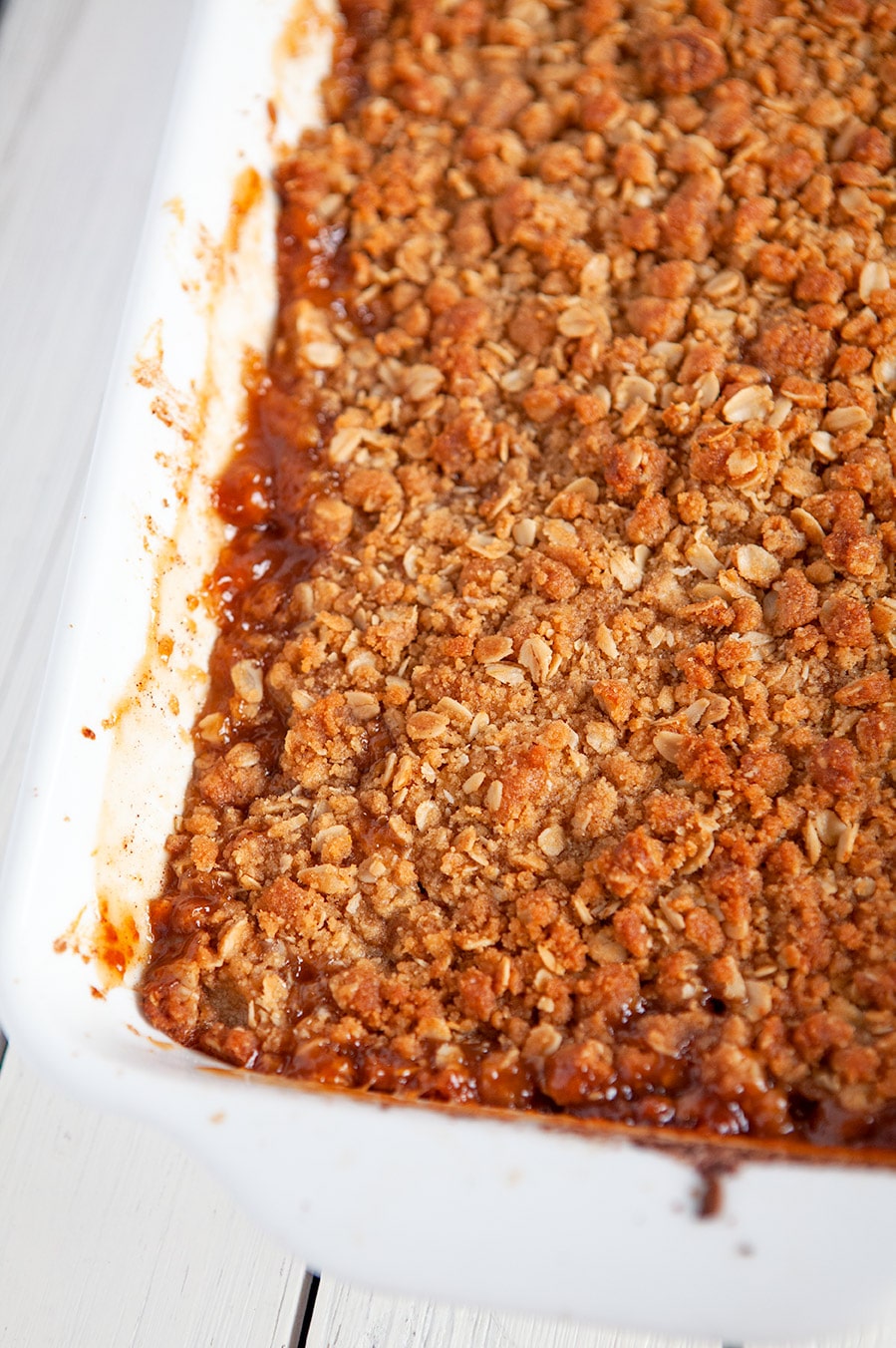 baked apple crisp up close. 