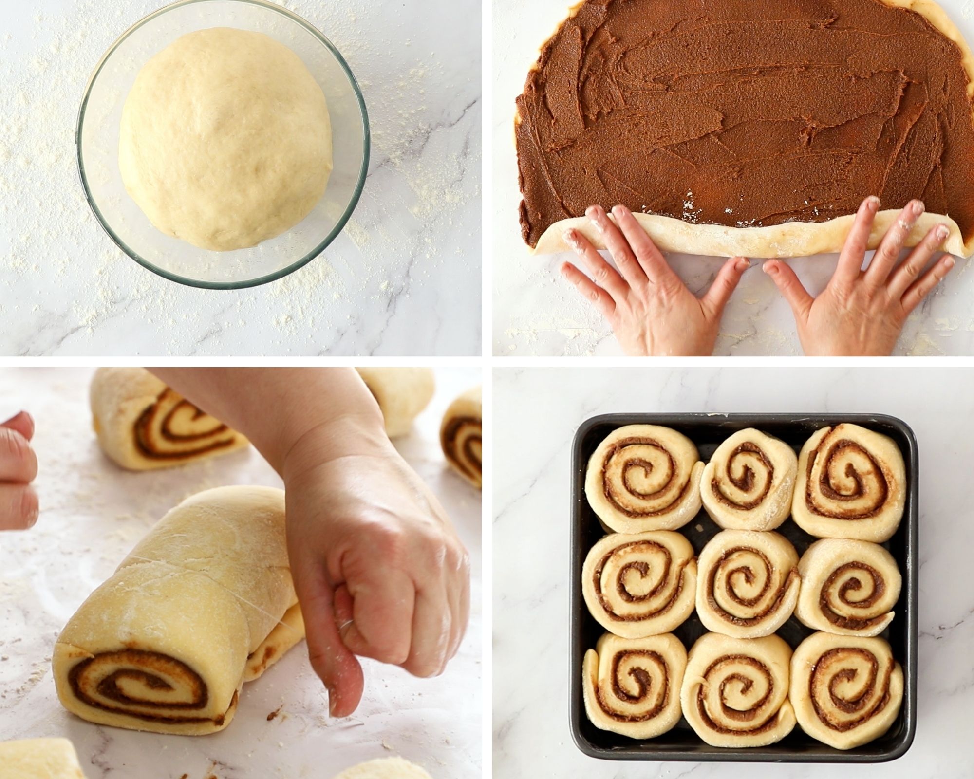 a collage with four process shots. Dough in a glass bowl, dough rolled out with cinnamon sugar, dough being cut with floss, and 9 rolls in a pan. 
