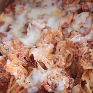lasagna with farfalle pasta up close.