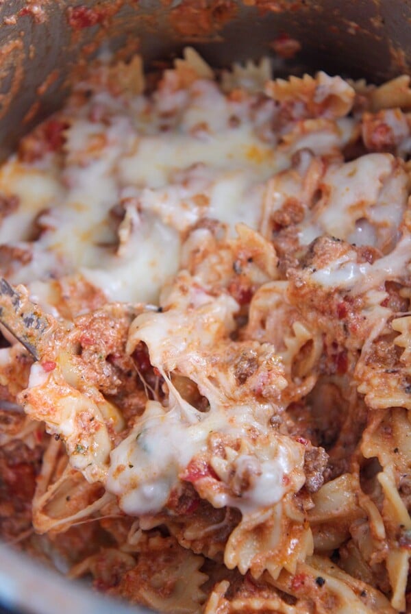 lasagna with farfalle pasta up close.