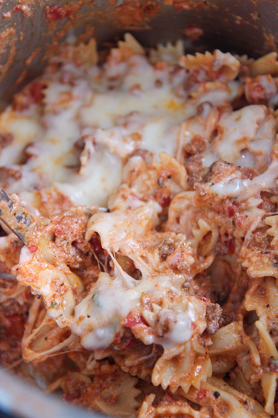 lasagna with farfalle pasta up close.